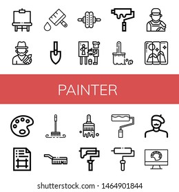 Set of painter icons such as Easel, Artist, Paint brush, Trowel, Roller, Painter, Paint roller, Brush, Painting, Paint palette, Artboard, Painting palette , painter