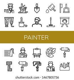 Set of painter icons such as Postwoman, Paint tube, Paint bucket, Brush, Trowel, Painter, Paint brush, Painting palette, roller, Brushes, Roller Easel, Palette , painter