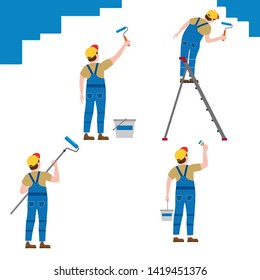 Set Painter proffessional characters man at work. Male painters in uniform applying paint to wall with paint roller, brush, paint bucket, on the stepladder. Vector, isolated, cartoon style