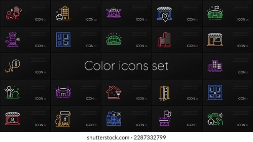 Conjunto de íconos de la línea del estadio Arena, edificios de Painter, rascacielos. Incluir puertas abiertas, edificios, iconos Escudo. Construcción, faro, elementos web de Arena. Puerta, vendedor de mercado. Vector