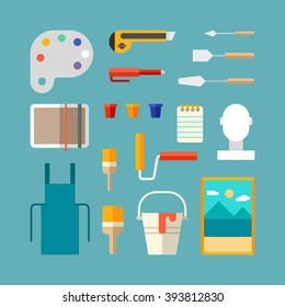 Set of Painter Supplies and Tools. Interior Design Concept. Flat Design Vector Illustration