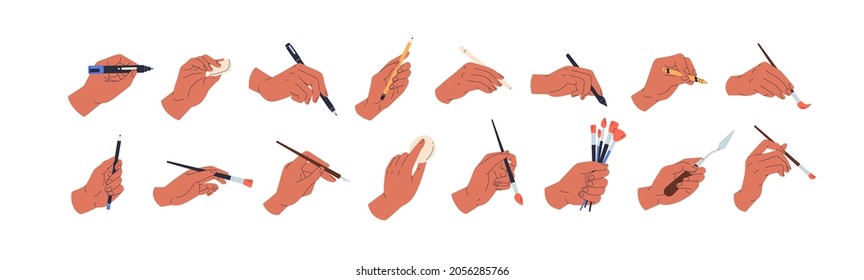 Set painters hands draw   paint and pencil  chalk  pen  brush  paintbrush  painting knife  oil pastel   other artists tools  Colored flat vector illustration isolated white background