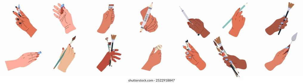 Set of painters hands draw and paint with pencil, chalk, pen, brush, paintbrush, painting knife, oil pastel and other artists tools. Colored flat vector illustration isolated on white background