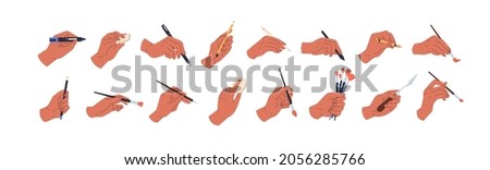 Set of painters hands draw and paint with pencil, chalk, pen, brush, paintbrush, painting knife, oil pastel and other artists tools. Colored flat vector illustration isolated on white background