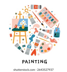 Set of painting and drawing supplies with brushes, palette, easel and canvas. Colorful tools for traditional art and creative hobby projects. Trendy modern vector illustration, hand drawn flat design