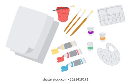 Set of painting and drawing supplies including brushes, palette, paper and paint tubes. Creative composition representing art process, inspiration and artistic expression