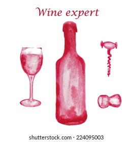 Set painting of elements of bottle of wine, glass, corkscrew, cork, blots for design
