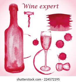 Set painting of elements of bottle of wine, glass, cork, blots for design