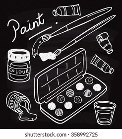 Set of painting equipment doodle on chalk board