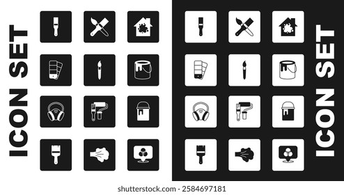 Set Painting the house, brush, Color palette guide, bucket,  and Gas mask icon. Vector