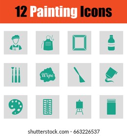 Set of painting icons. Green on gray design. Vector illustration.