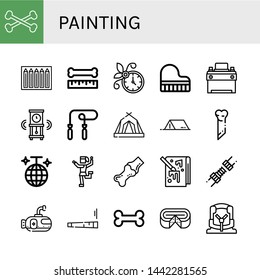 Set of painting icons such as Bones, Color pencils, Bone, Wall clock, Grand piano, Car battery, Skipping rope, Tent, Disco ball, Traditional dance, Joint, Painting , painting