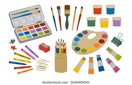 Set of painting tools. Brushes, paints palettes, watercolor paints, gouache, crayons, pencils. Hand drawn vector illustration isolated on white background, flat cartoon style.
