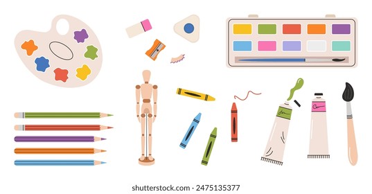 Set of painting tools in cartoon style. Hand drawn elements for creation and hobby: watercolor paints, wooden mannequin, brushes, pencils, palette, erasers, paint in tubes. Back to school