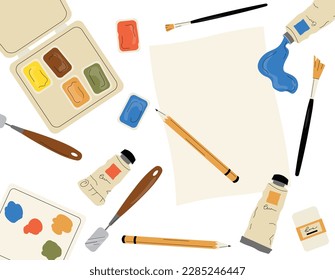 Set von Malwerkzeugen. Sammlung von Pinseln und Bleistiften. Paket für Kreativität und Kunst, Schulbedarf. Prägepresste Acrylfarbe in Tube. Cartoon-FlachVektorgrafiken einzeln auf weißem Hintergrund