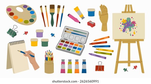 Set of painting tools. Easel, canvas, paints, brushes, sketchbook, mannequin hand, paints palettes, crayons, pencils. Hand drawn vector illustration isolated on white background, flat cartoon style.