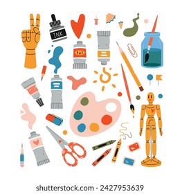 Set with painting tools elements and art supplies like paint tubes, pencil and color palette. Isolated cartoon vector illustration, hand drawn, flat design