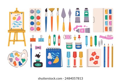 Set of painting tools elements. Art supplies: brushes, paint tubes, pencil, ink, sketchbook, easel, watercolor, markers, palette, crayons, palette knife sketchbook. Vector hand draw flat illustration.