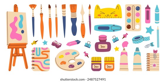 Set of painting tools elements. Art supplies: brushes, paint tubes, pencil, ink, sketchbook, easel, watercolor, markers, palette, crayons, palette knife sketchbook. Vector hand draw flat illustration.