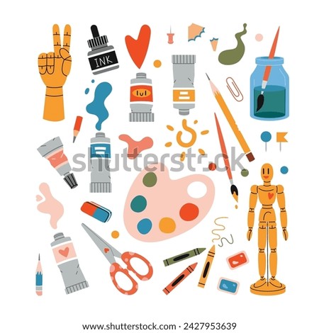 Set with painting tools elements and art supplies like paint tubes, pencil and color palette. Isolated cartoon vector illustration, hand drawn, flat design