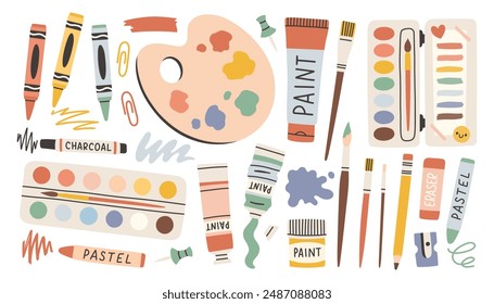 Set with painting tools elements, cartoon style. Paint tubes, brushes and stationery. Trendy modern vector isolated