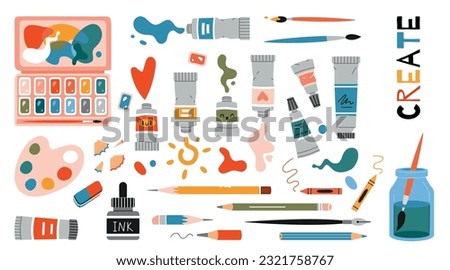 Set with Painting tools elements, cartoon style. Art supplies: paint tubes, brushes, pencil, watercolor, palette. Trendy modern vector illustration isolated on white, hand drawn, flat design
