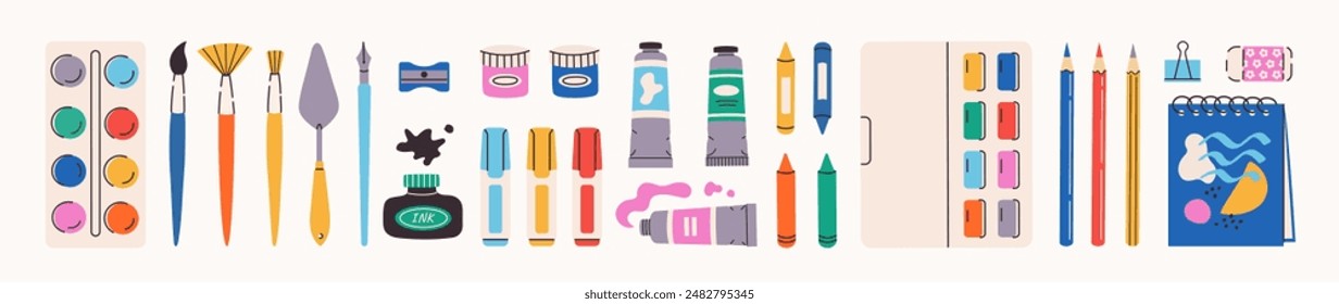 Set of painting tools elements in flat style. Art supplies: brushes, paint tubes, pencils, ink, watercolor, markers, palette, crayons, sketchbook. Vector hand draw illustration.