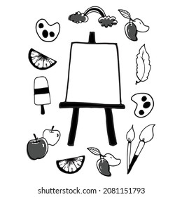 set of painting tools icon on white background. empty canvas, brushes, palette, rainbow, fruits, and leaf illustration. hand drawn vector. doodle art for kids, wallpaper, poster, cover, advertising. 
