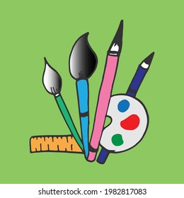 set of painting tools illustration on green background. brush, pencil, pallete, and ruler icon. hand drawn vector. doodle art for kids, wallpaper, poster, banner, cover, clipart, sticker, advertising.