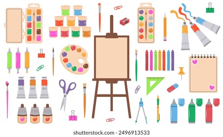 Conjunto con herramientas de pintura, pinturas para el artista. Tubos de pintura, pinceles, lápices, acuarela, paleta, crayones y papelería. Moderno Vector moderno aislado en blanco. 