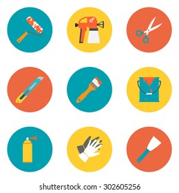 Set for painting work, construction, renovation, service. colored icons flat  style. Isolated. Vector illustration.