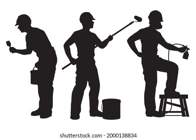 Set of painting worker silhouette vector on white background