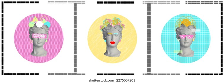 Conjunto de pinturas con escultura abstracta.rostro moderno brillante con elemento contemporáneo.Diseño de plantilla.Vector