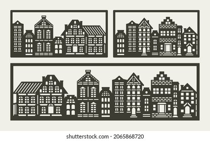 Set of paintings with cute houses. European street with brown building facades in rectangular frame on gray background. Simple style, monochrome design. Vector template for plotter laser cutting, cnc.