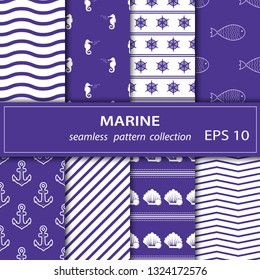 A set of paintings. Eight pieces of paintings on the marine theme. Cruise, vacation, sea, summer. Seamless fabric. Stock vector.
