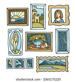 A set of paintings in frames.