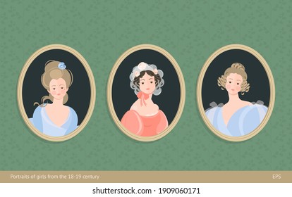 A Set Of Paintings In Frames. Girls In Dresses Of The 18-19th Century. Cute Curls On The Head. Noble Portrait. On The Background Of Vintage Wallpaper. Colorful Vector Illustration In Flat 