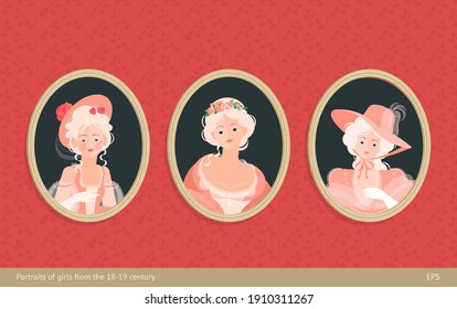 A Set Of Paintings In Frames. Girls In Dresses Of The 18-19th Century. Cute Curls On The Head. Noble Portrait. On The Background Of Vintage Wallpaper. Colorful Vector Illustration In Flat Style