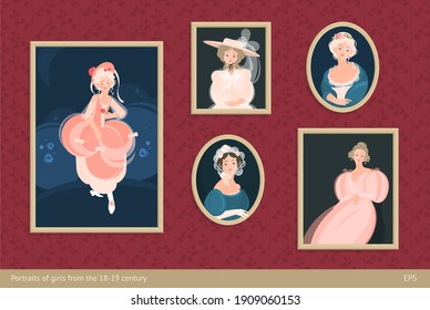 A Set Of Paintings In Frames. Girls In Magnificent Dresses Of The 18-19th Century. Cute Curls On The Head. Noble Portrait. On The Background Of Vintage Wallpaper. Colorful Vector Illustration In Flat 