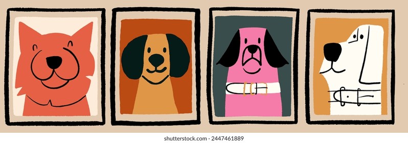 A set of paintings with funny portraits of different dogs in hand-drawn style. Vector illustration