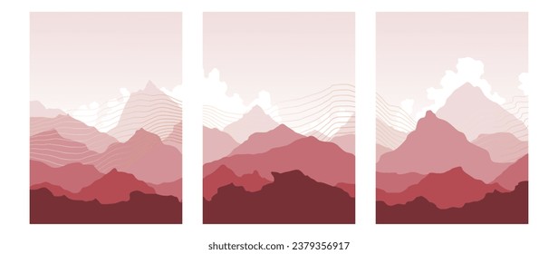 A set of paintings with golden lines and pink mountains at sunset. Vector landscape art of pink sunset with gradient. Modern art design for acrylic canvas, digital prints, wallpapers, posters, wall	