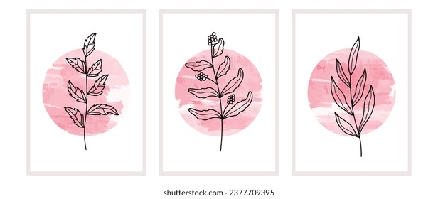 Set of paintings with pink color blots, watercolor, flowers and leaves in line art style. Botanical art minimalistic vector set for decor, print, postcard, picture.	