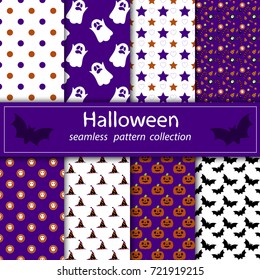 A set of paintings. Stock vector seamless plum fabric Halloween orange purple. happy and merry holiday. Flying Ghost.