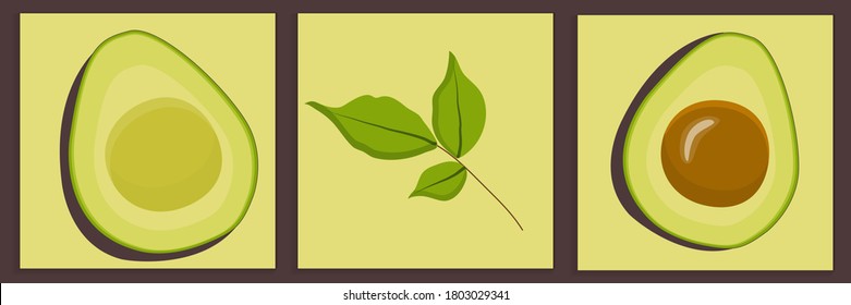 Un conjunto de pinturas de dos mitades de aguacate y una rama arbórea con hojas. Ilustración vectorial en un estilo de caricatura plano. El aguacate para la decoración interior se puede utilizar como cuadro.