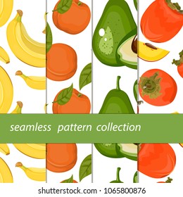 Set of paintings under the mask. Four seamless fabrics. Fruits and berries in cartoon style. Great set for your design. Isolated white background. Stock vector.