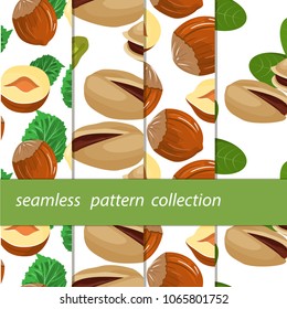 Set of paintings under the mask. Four seamless linen nuts hazelnuts cartoon. Vector seamless pattern with infinitely repeating elements.