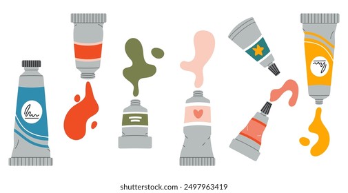 Set of paints for drawing, tubes of oil paint, acrylic, gouache or watercolor. Art supplies. Trendy modern vector illustration isolated on white, hand drawn, flat design