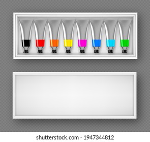 Set of paints tubes in box top view, colorful palette with oil or acrylic dye in metal aluminium bottles with black screw caps isolated on transparent background, Realistic 3d vector illustration