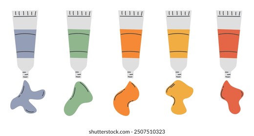 Set von Farben in Röhren mit Regenbogenfarben, bunten Öl- oder Aquarellfarben, Vektorgrafik