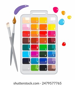 Set of paints and two brushes, vector illustration, watercolor paint, drops of paint, strokes, blots